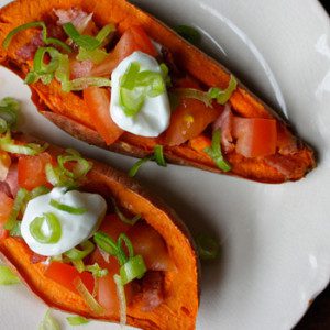 Sweet Potato Skins with Turkey Bacon and Tomatoes